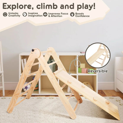 HARPPA Foldable 2-in-1 Wooden Pikler Triangle Climbing Arch With Ramp And Slide - Five Adjustable Angles