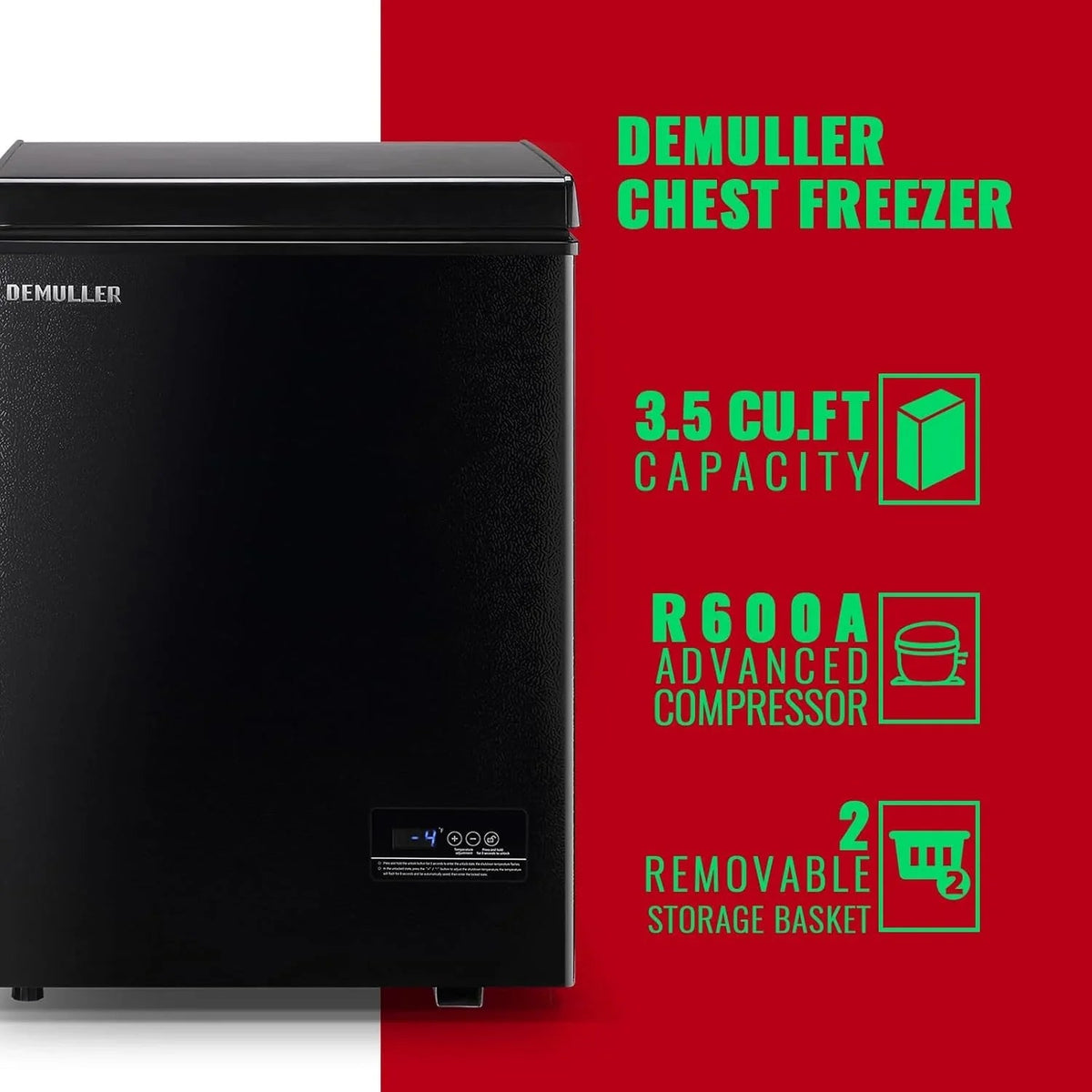 DEMULLER Chest Freezer 5.0 Cubic Feet, Black, 2 Stainless Steel Storage Baskets