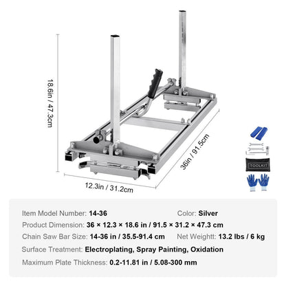 VEVOR Chainsaw Mill, Galvanized Steel, 14-36 in Guide Bar, 0.2-11.81 in Cutting Thickness
