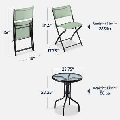 Best Choice Products 3-Piece Patio Bistro Dining Set With Glass Tabletop And Folding Chairs - Gray