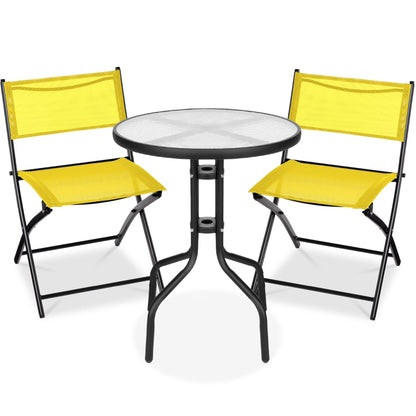 Best Choice Products 3-Piece Patio Bistro Dining Set With Glass Tabletop And Folding Chairs - Gray