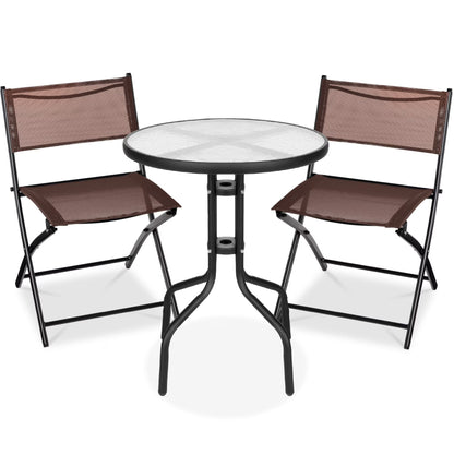 Best Choice Products 3-Piece Patio Bistro Dining Set With Glass Tabletop And Folding Chairs - Gray