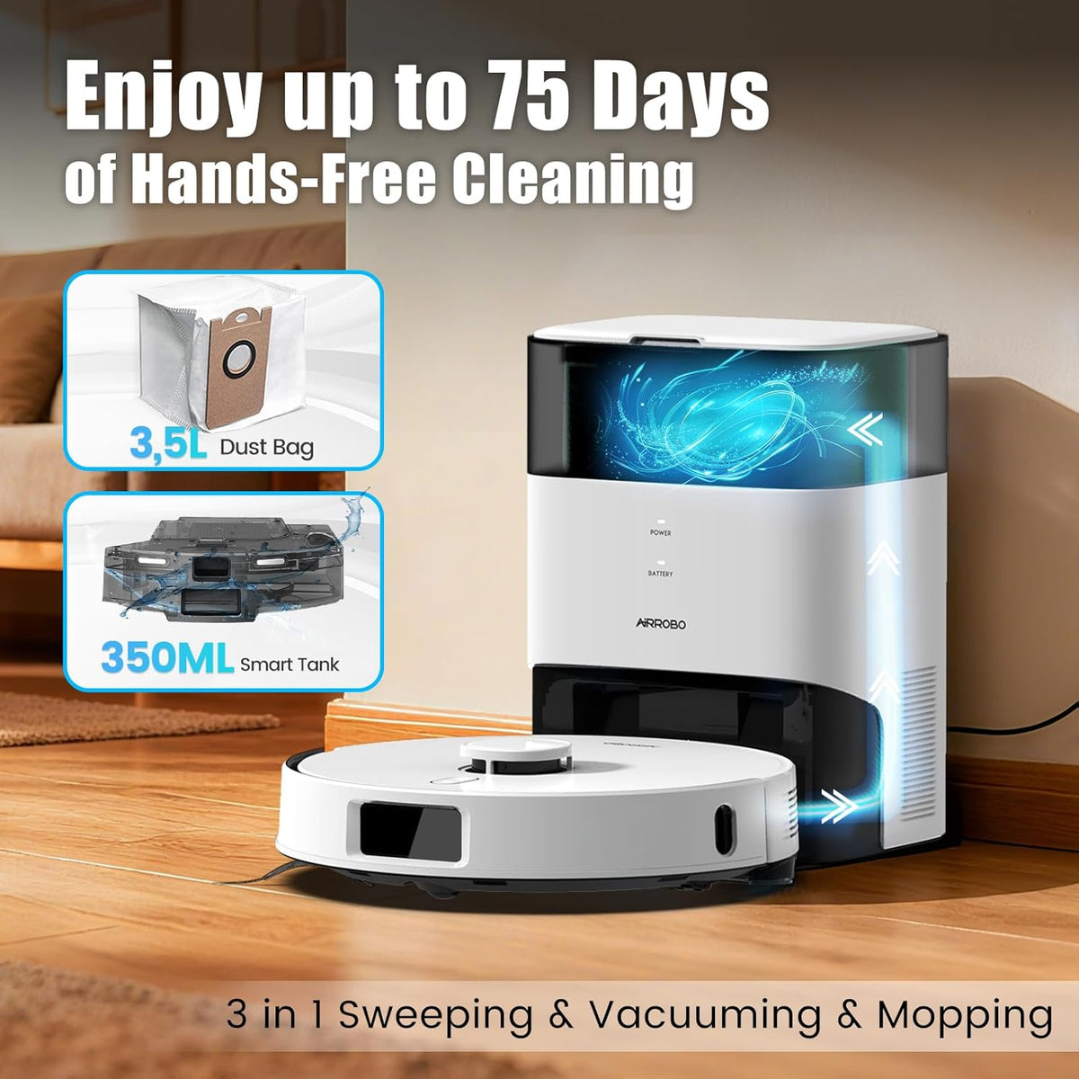 AIRROBO Robot Vacuum And Mop With Self-Emptying 75-Day Capacity