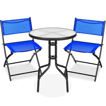 Best Choice Products 3-Piece Patio Bistro Dining Set With Glass Tabletop And Folding Chairs - Gray