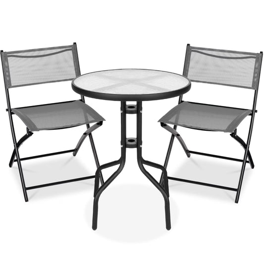 Best Choice Products 3-Piece Patio Bistro Dining Set With Glass Tabletop And Folding Chairs - Gray