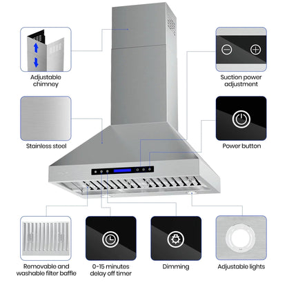 EKON KITCHEN EXPERT 36 Inches Stainless Steel Convertible Wall Mount Range Hood With Charcoal Filter And Remote Control - NAP04-36