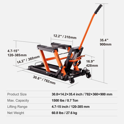 KFFKFF Hydraulic Motorcycle ATV Lift Jack, 1500 Lbs, 4.7-15 Inch - ZX0901-7B